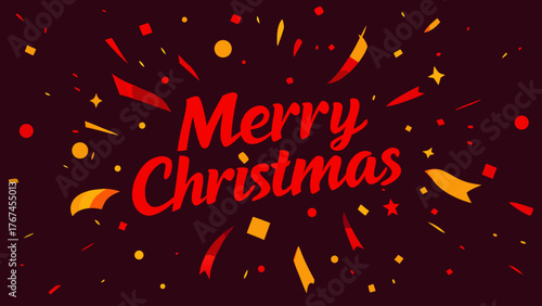Merry christmas text with confetti and stars on a dark background