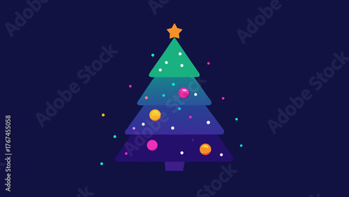 Stylized christmas tree with star and colorful ornaments on dark background