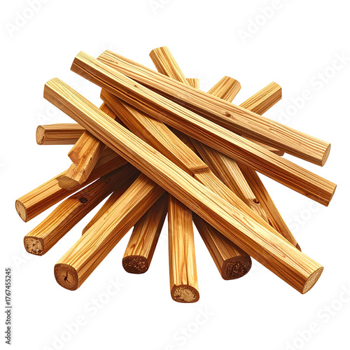 A pile of weathered wooden kindling sticks, ready for a fire, isolated on a black background