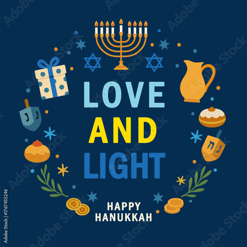 Love and Light, Happy Hanukkah banner with confetti and traditional Jewish symbols. Vector greeting card for the Festival of Lights or Festival of Eight Candles