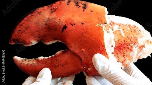 A giant seafood claw held in both hands, tender white meat clinging to the red shell as it’s opened. Juicy cooked lobster and crab claw, lobster meat, crabmeat close-up on dark background,