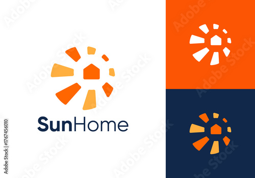 sun with home logo. solar energy and house design template	
