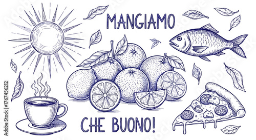 Hand-drawn sketch of Italian culinary delights: coffee, citrus fruits, fish, and pizza illustration