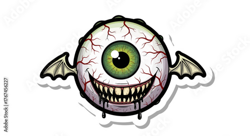 Creepy Eyeball Character with Wings and Grinning Teeth, Perfect for Halloween Illustrations and