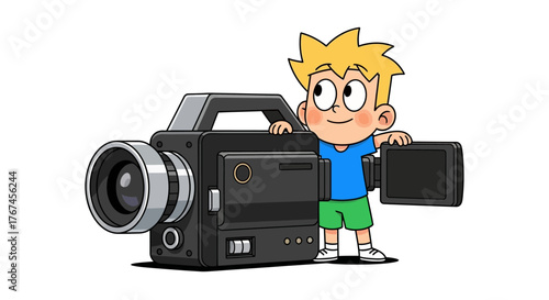 Animated young boy explores the world of filmmaking with vintage film camera illustration