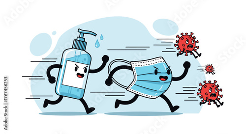 Animated illustration of hand sanitizer and face mask escaping from virus pathogens