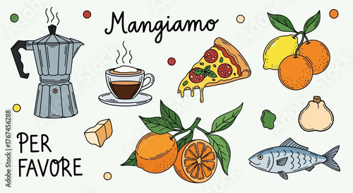 Whimsical culinary illustration featuring Italian food favorites and fresh ingredients composition