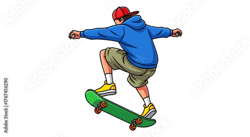 Young skateboarder performing a dynamic trick against a clean white background design perfect for