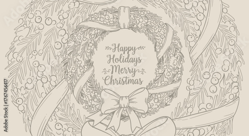 Elegantly sketched christmas wreath with holiday greetings and ornate bow design evokes festive