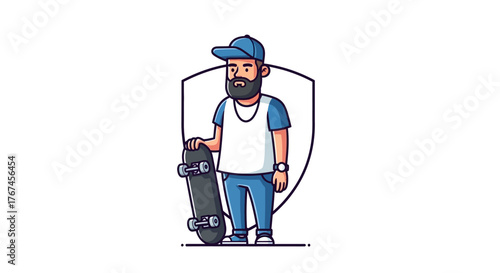 Cartoon character standing with skateboard illustration for youthful lifestyle and creative designs