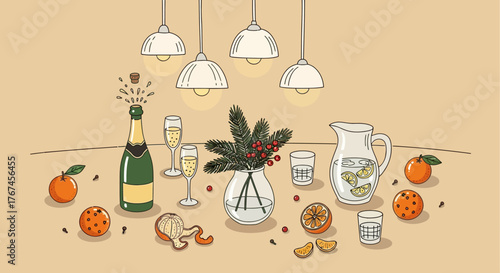 Festive celebration with champagne, citrus fruits, and winter greenery under soft pendant lights
