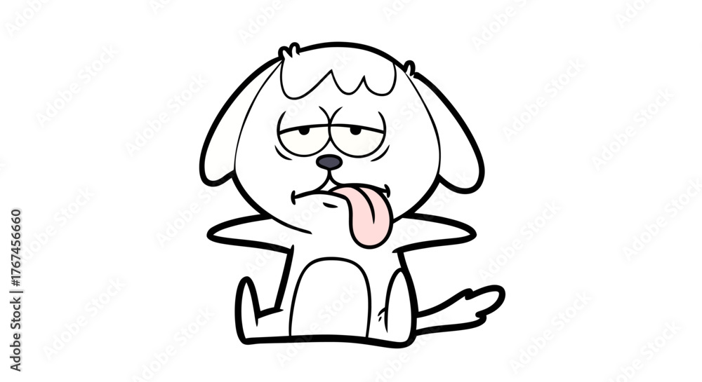 Obraz premium Humorous cartoon drawing of a tired dog sticking its tongue out on a white background