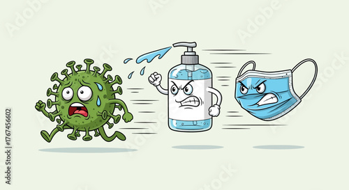 Cartoon depiction of virus fleeing from sanitizer and mask representing protection measures