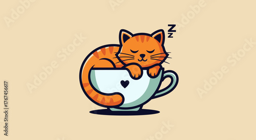 Cartoon illustration portraying a ginger cat sweetly napping inside a teacup with cozy details