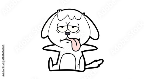 Humorous cartoon drawing of a tired dog sticking its tongue out on a white background