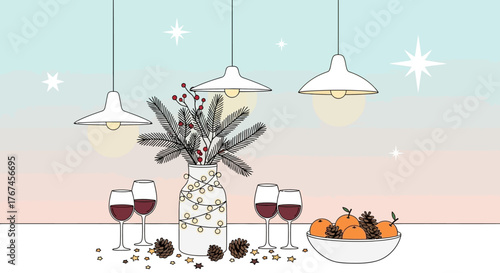 Festive holiday still life with wine glasses, fruit, ornaments, and overhead lights evoking a warm