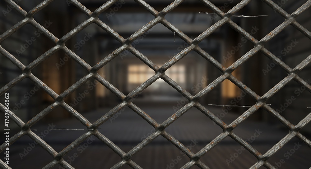 Fototapeta premium Iron cage with rusty marks blurred hallway or tunnel background