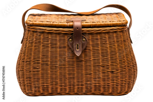 Vintage style woven wicker fishing basket with a leather strap isolated on transparent background
