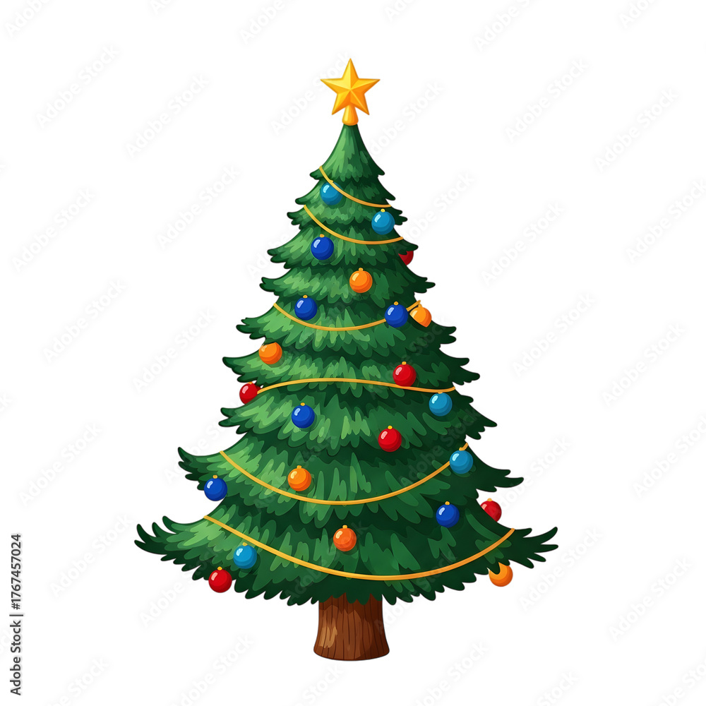 Fototapeta premium Decorated christmas tree with star isolated on transparent background