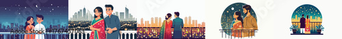 Indian couple standing on balcony looking at sparkling city lights