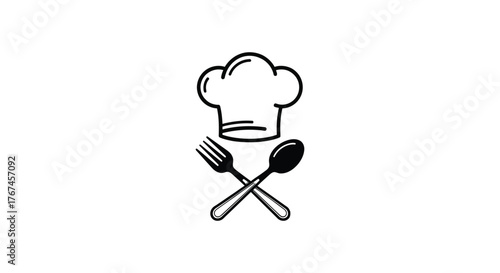 A chef's hat rests above a crossed fork and spoon, representing culinary arts.