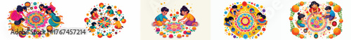 Children help arrange rangoli with bright colors and marigold flowers.
