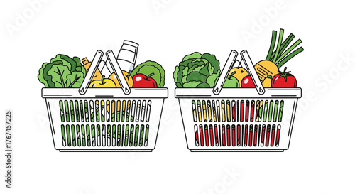 Two grocery baskets filled with various fresh produce and food items.