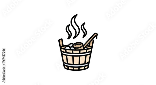 A wooden bucket with stones and a ladle, emitting steam and heat, symbolizes relaxation and wellness.