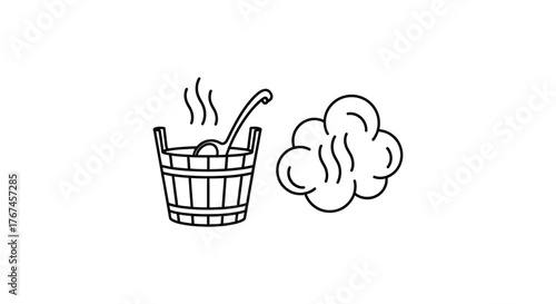 A wooden bucket with steam rising and a ladle next to a cloud of steam