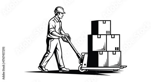 A worker uses a pallet jack to move stacked cardboard boxes in a warehouse.