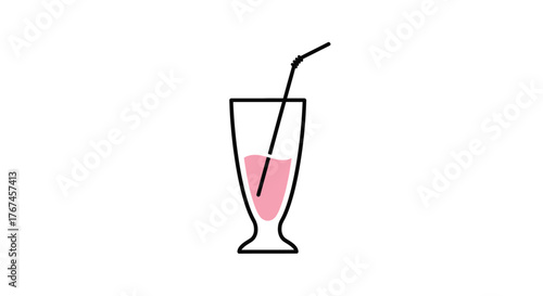 A tall glass of pink liquid with a straw stands against a white background.