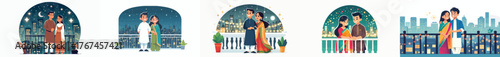 Indian couple standing on balcony looking at sparkling city lights