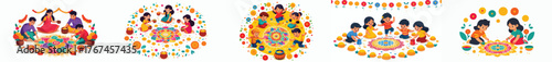 Children help arrange rangoli with bright colors and marigold flowers.