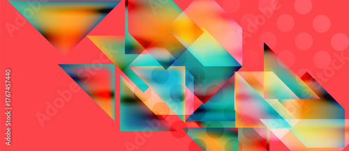 Abstract geometric composition. Vivid colors blend, creating dynamic shapes. Red background features subtle circles. Modern design.