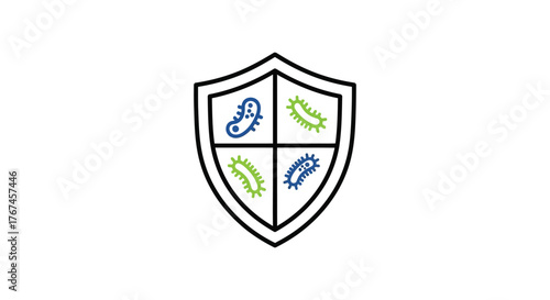 A shield icon with four quadrants, each depicting a stylized representation of bacteria or microbes.