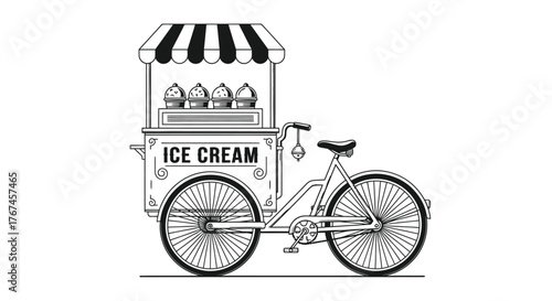 An ice cream cart is attached to the back of a bicycle for mobility.
