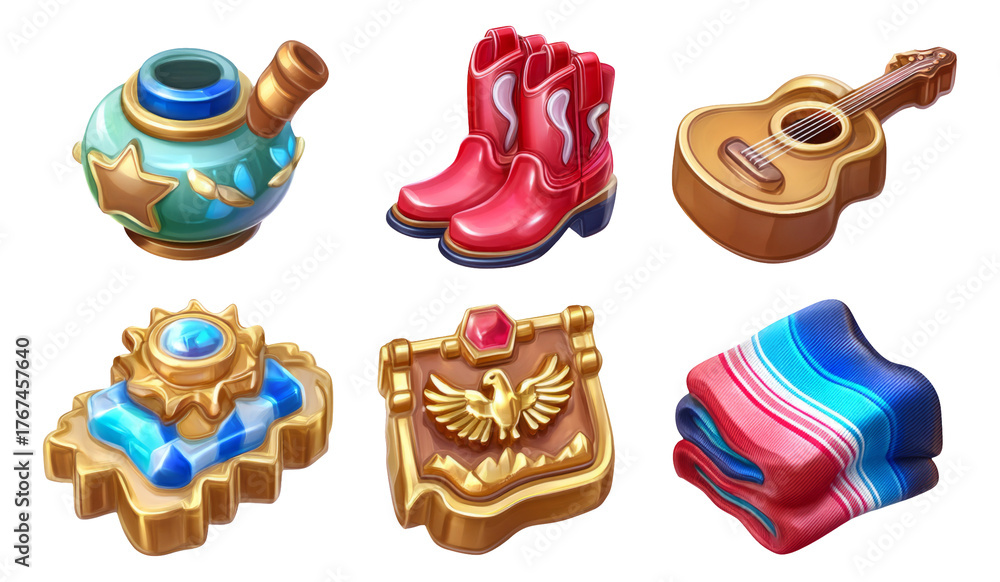 Fototapeta premium Colorful Collection of Isolated Objects Featuring Boots, Guitar, and Decorative Items