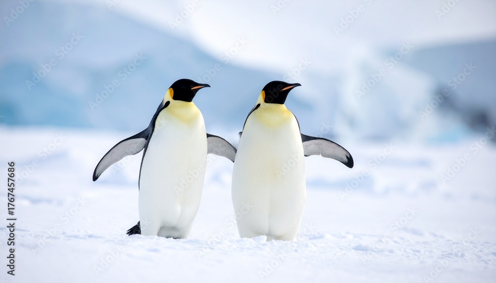 Fototapeta premium Two emperor penguins standing together on snow in Antarctica