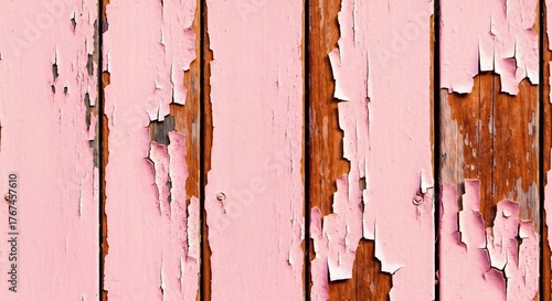 Pink painted wood panels showing peeling paint exposing aged wood underneath