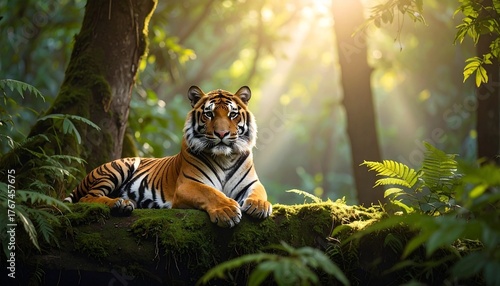 Tiger resting on a mossy branch in a sunlit jungle with striking light rays