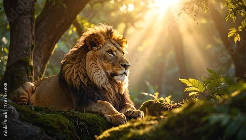 Majestic lion resting in sunlight in lush green forest