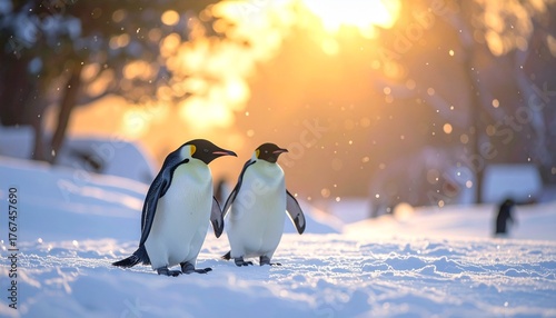 Two emperor penguins walking on snow at sunrise in Antarctica