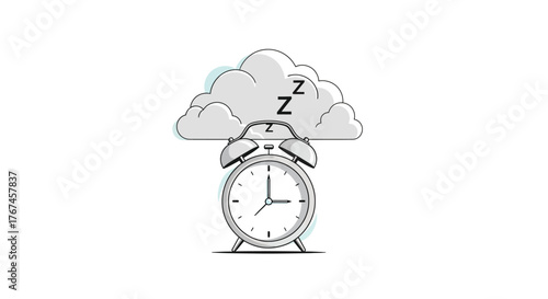 An alarm clock rests beneath a cloud depicting sleep and rest.