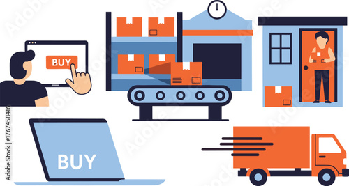 E-Commerce Fulfillment Process. Online Shopping, Warehouse Logistics, and Fast Home Delivery Concept Vector..