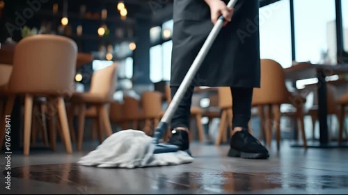 Cleaning Restaurant Floor with Mop - Maintaining Hygiene Standards.
