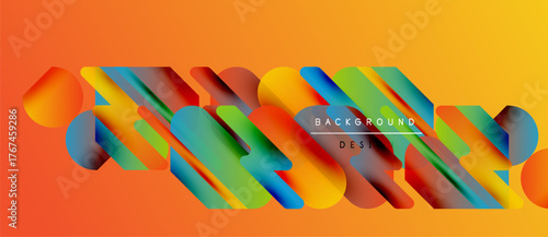 Abstract colorful shapes overlap orange gradient background. Modern design element, vibrant hues create dynamic visual impact.