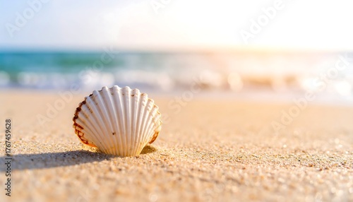 Seashell on sandy beach, ocean waves in background