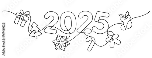 2025 christmas celebration one line drawing continuous illustration