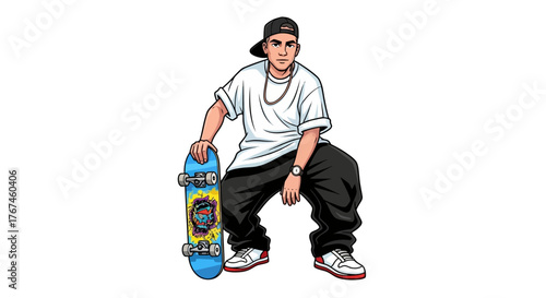Cool cartoon skater with trendy streetwear style holding a colorful skateboard illustration
