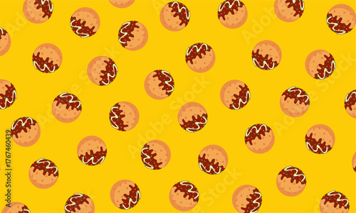 Takoyaki Seamless Pattern Background. Japanese Street Food Vector Illustration. Perfect for restaurant wallpaper, wrapping paper, and packaging